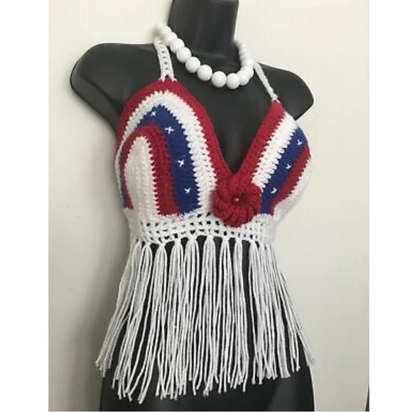 Patriotic crochet fringe halter top - Picture 3 of 3